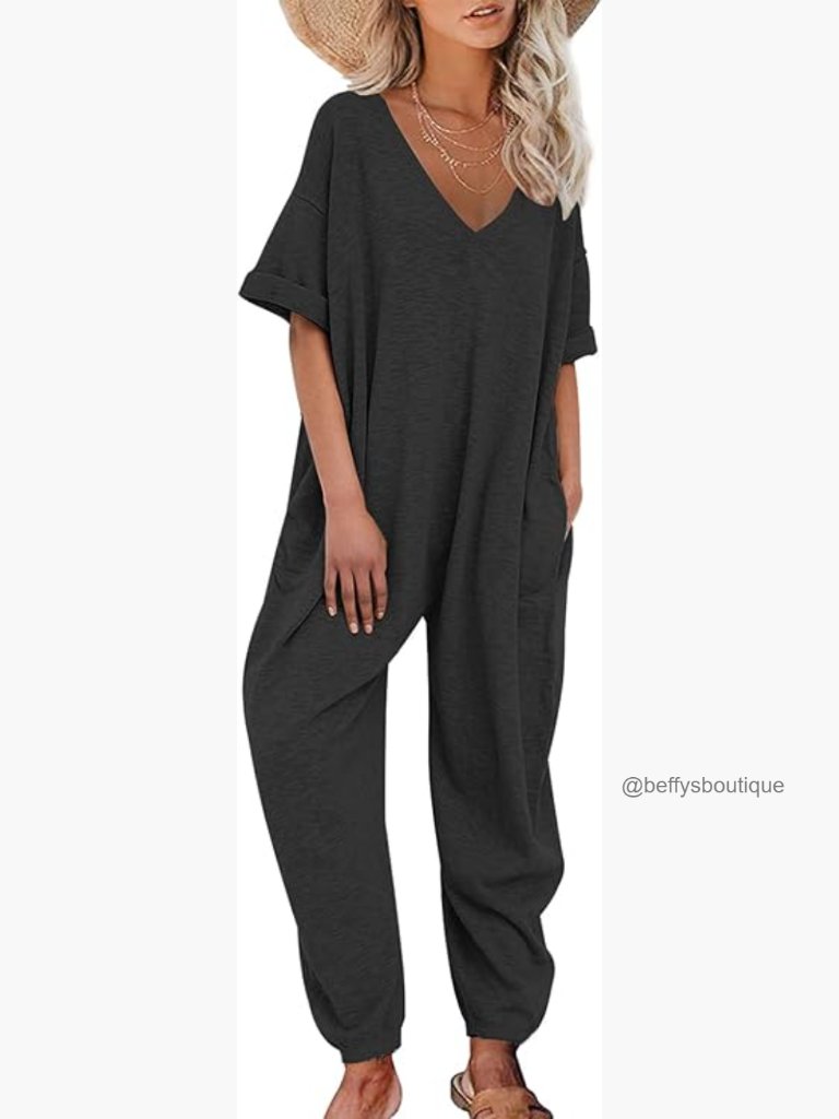 Short Sleeve V-Neck Jumpsuit With Pockets Baggy Casual Romper